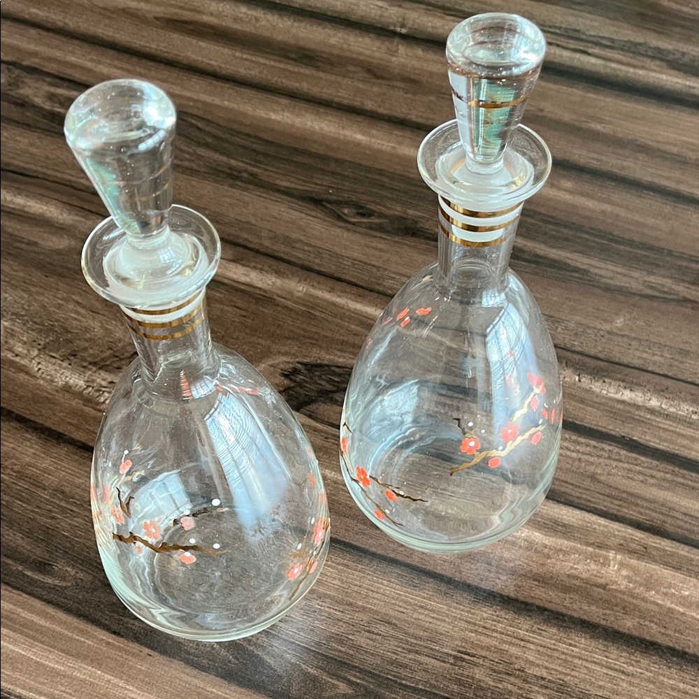 Vintage Hand Painted Glass Carafes Floral Design